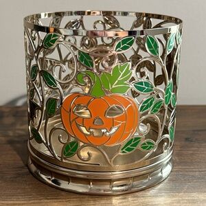 Bath & Body Works Stained‎ Glass Skull Pumpkin Raven Gold Candle Holder